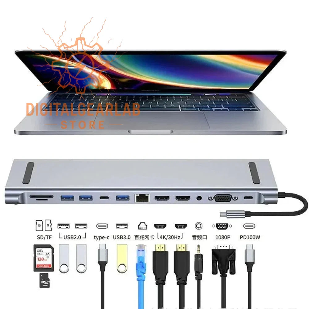 Silver laptop with multiple ports and accessories attached, including usb cables and a charging cable.