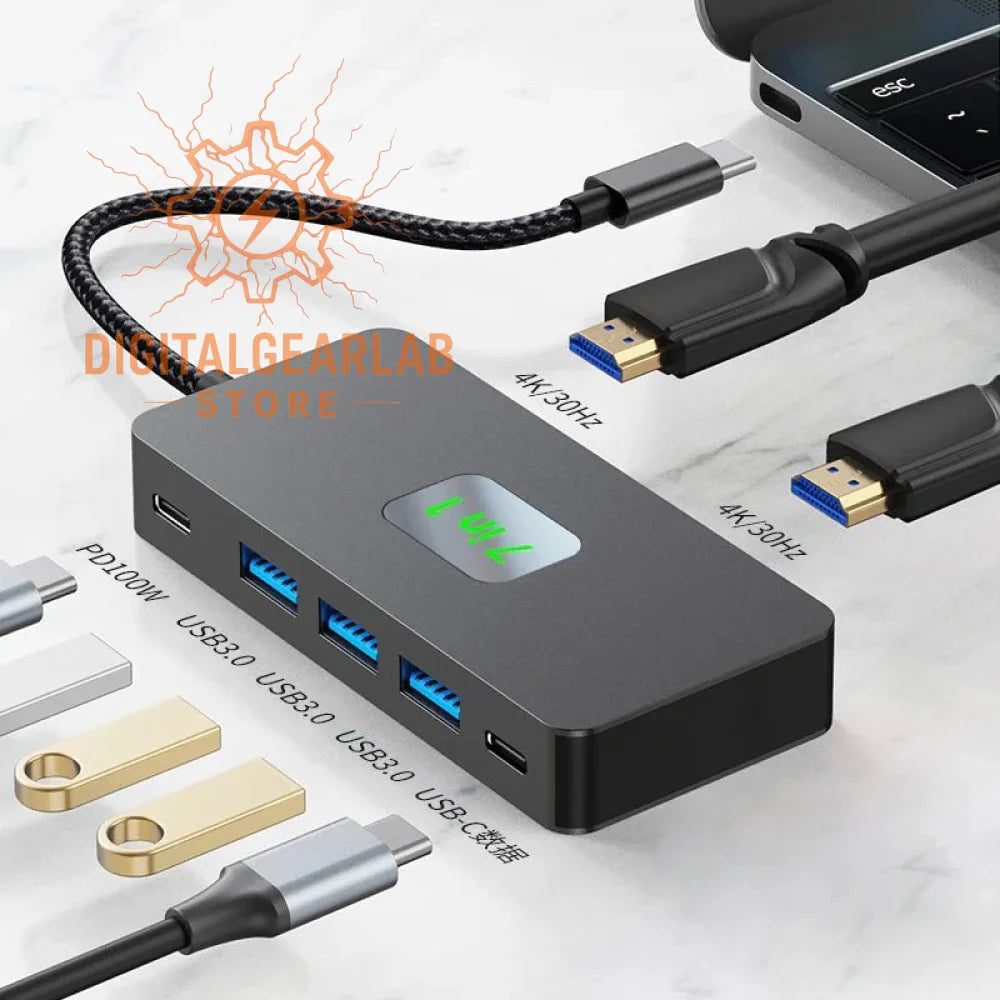 Black multi-port usb hub with blue indicator lights and silver cable