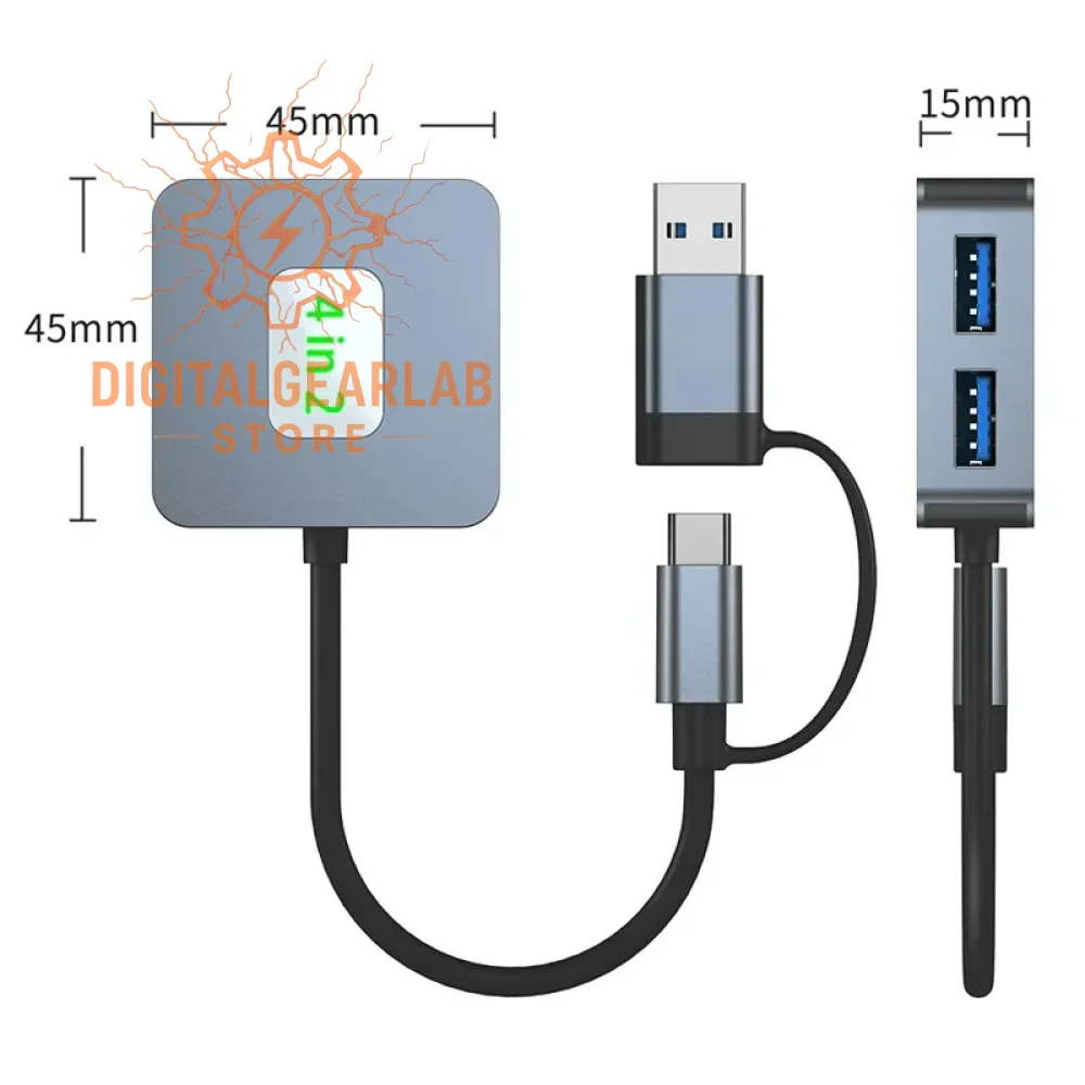4-in-2 usb hub with black cable and silver connectors.