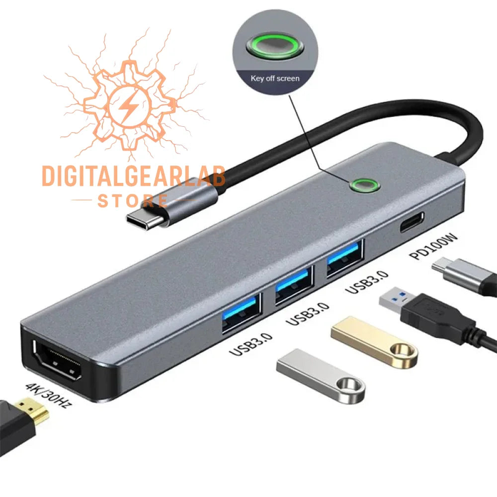 Silver usb-c hub with three usb 3.0 ports and a pd100w port, featuring hdmi output for video connection