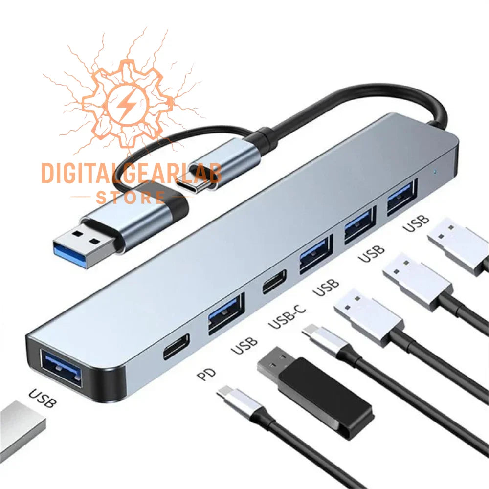 Silver aluminum usb hub with multiple ports and cables.