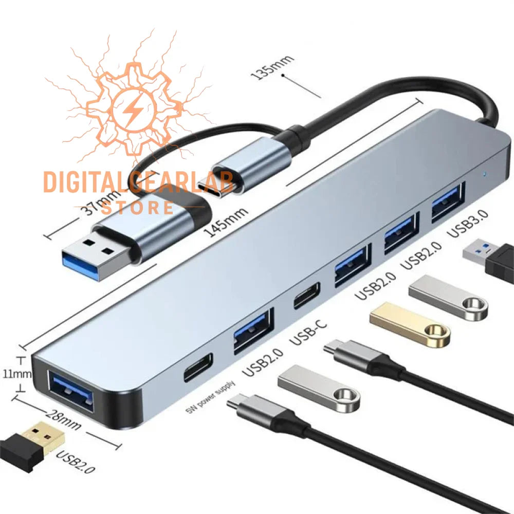 Silver usb hub with multiple ports and cables, including a black cable.