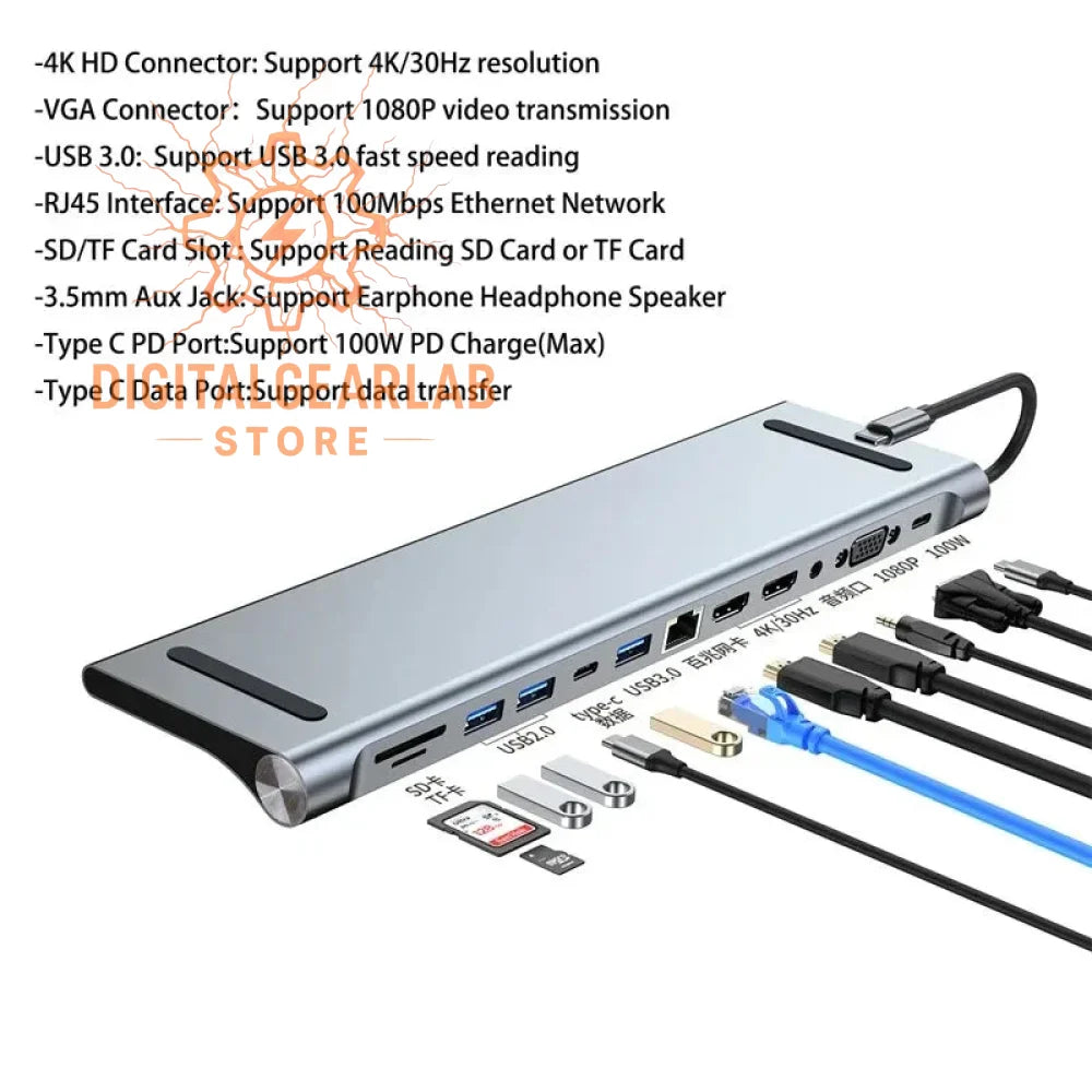 4k hdmi docking station with multiple ports and cables, silver aluminum design.