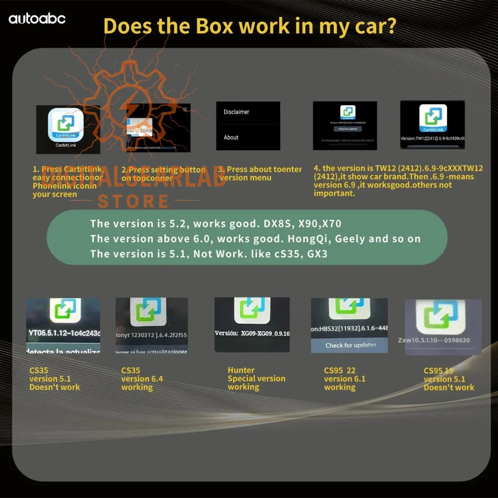 5.2 version box for car diagnostics, black and white interface design with app icons on screen.