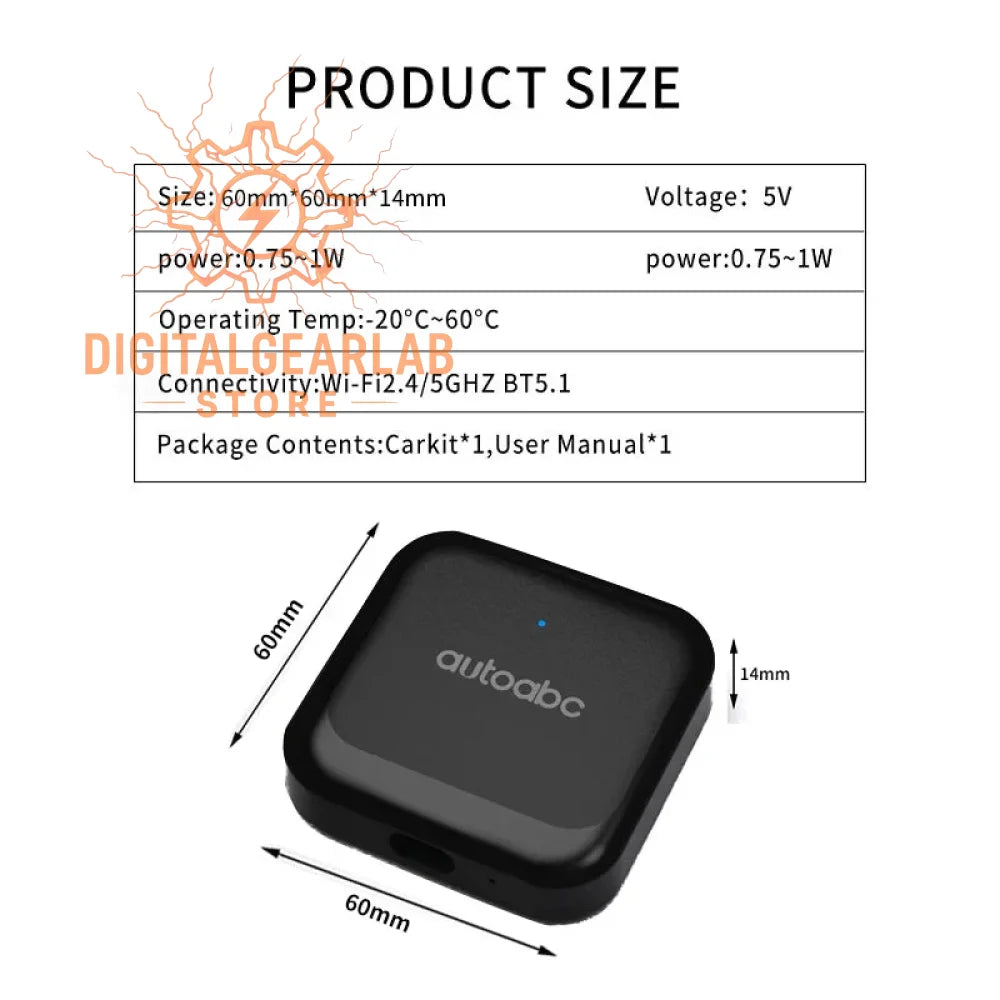 Black rectangular bluetooth car kit with autoabc logo and wi-fi connectivity, 5v voltage.