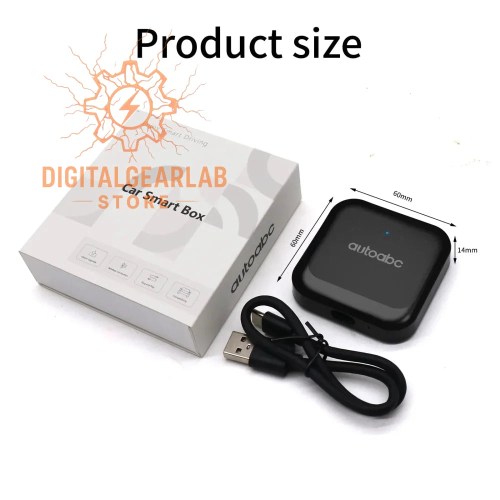 Black rectangular car smart box with usb cable and dimensions labeled, popular brand ’autoabc’ on front.