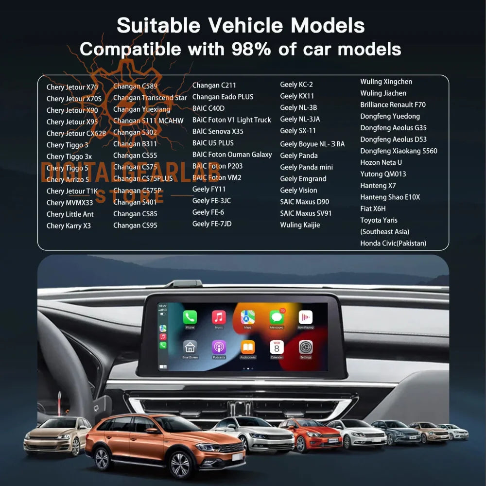 98% car compatibility multimedia system with touchscreen interface.