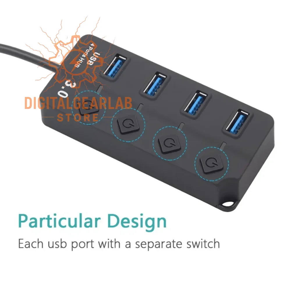 4-port usb 3.0 hub with individual switches, black plastic housing and blue ports.