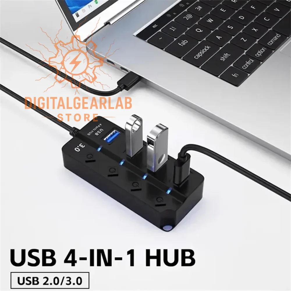 Black usb 4-in-1 hub with blue led lights and multiple ports for charging devices.
