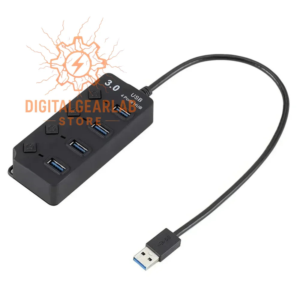 Black usb 3.0 hub with four ports and a cable, designed for easy connectivity in modern tech setups.