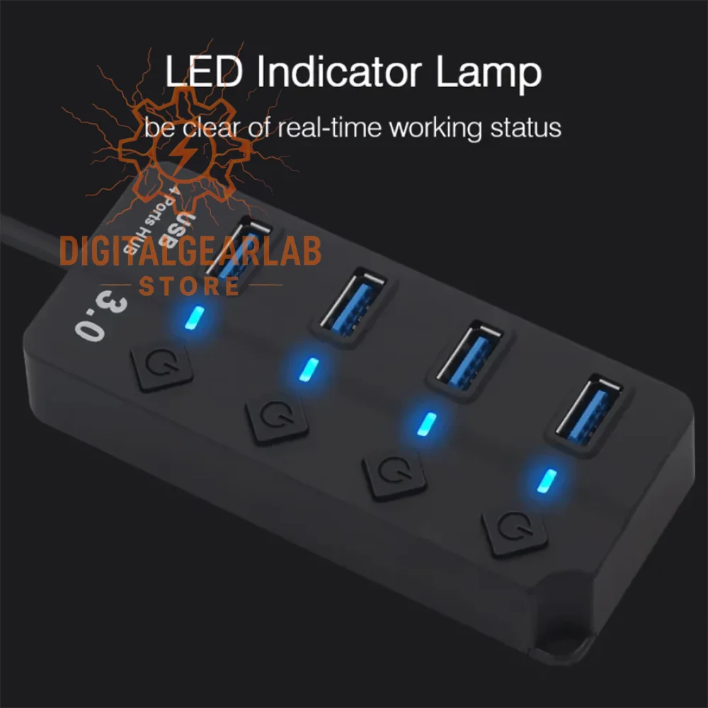 Black usb hub with blue led indicator lights and ports labeled ’usb 3.0’’ in white text on a dark background.