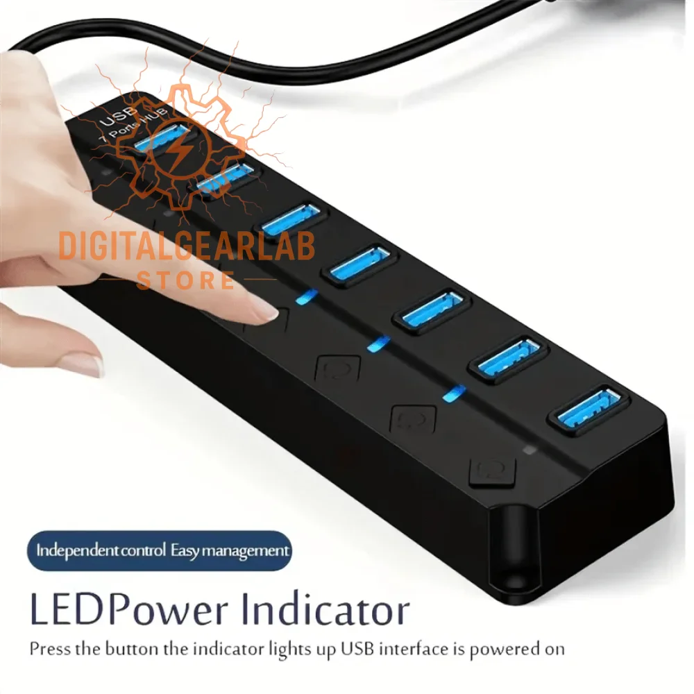 7-port black usb hub with blue led indicators.