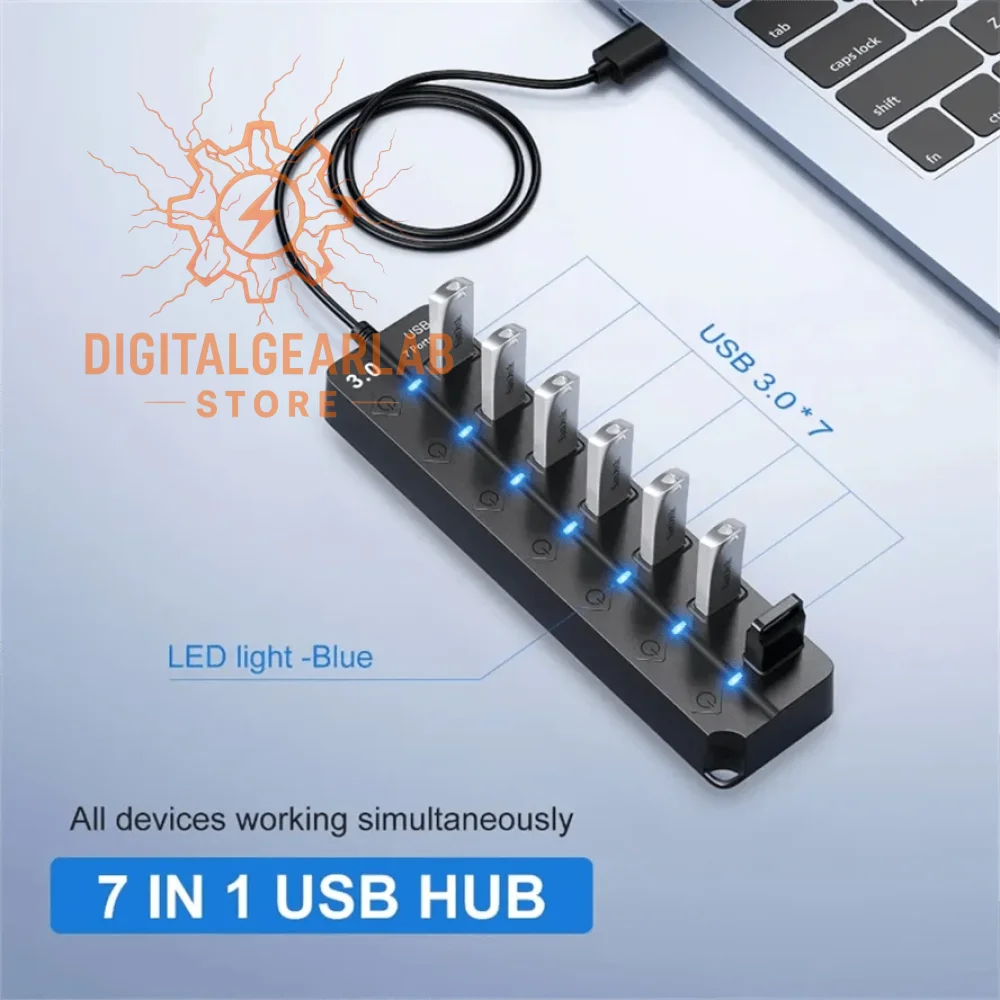 7-in-1 usb hub with blue led lights, black plastic housing and silver metal connectors.