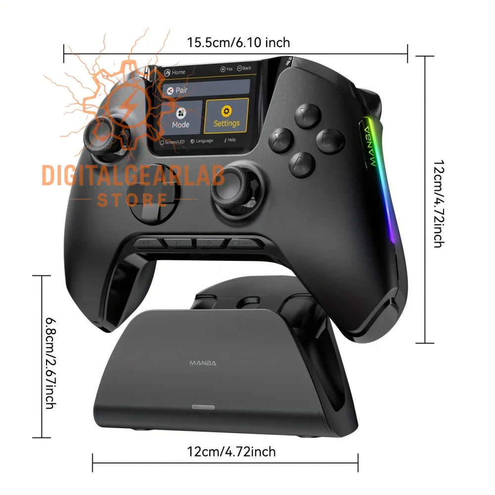 Black gaming controller with rainbow led lights and a sleek design, compatible with popular gaming consoles.