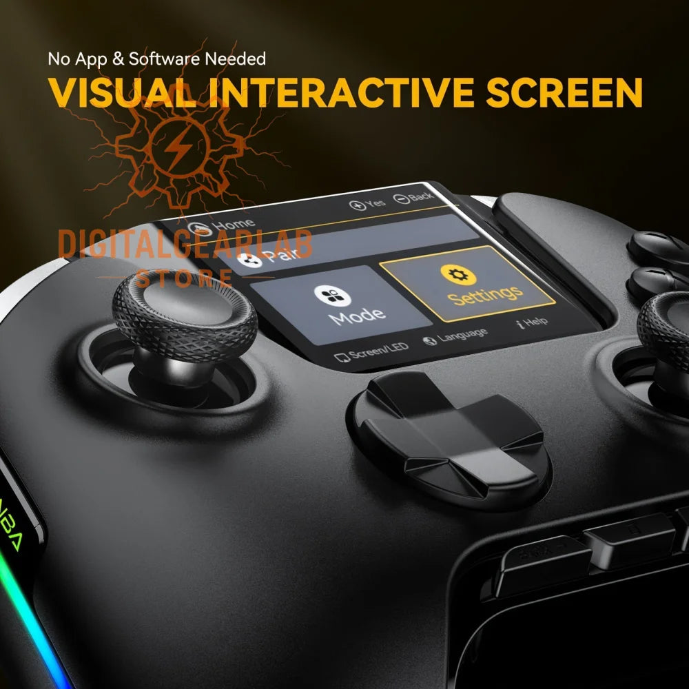 Black gaming controller with a visual interactive screen and rgb lighting.