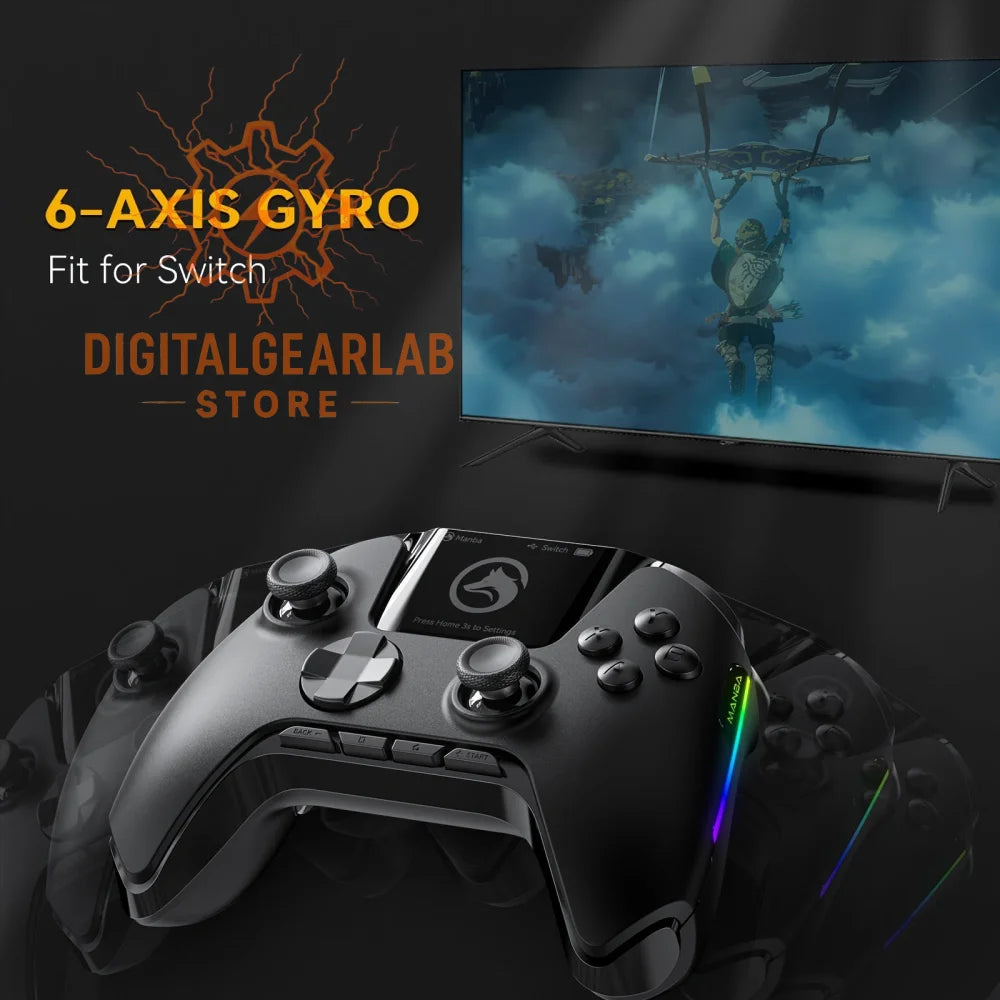 6-axis gyro controller for nintendo switch, black with rainbow led lights and textured grip.