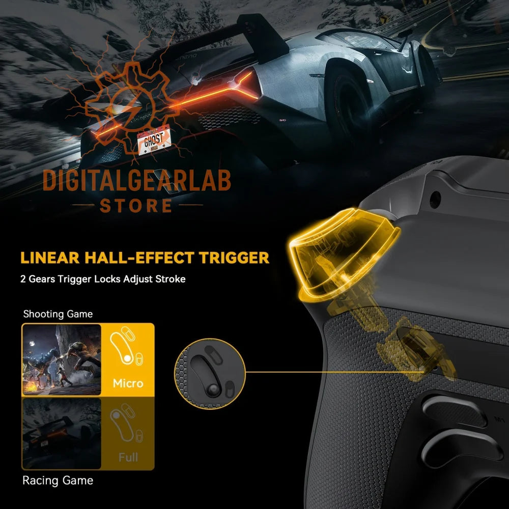 Yellow and black gaming controller with linear hall-effect trigger design.