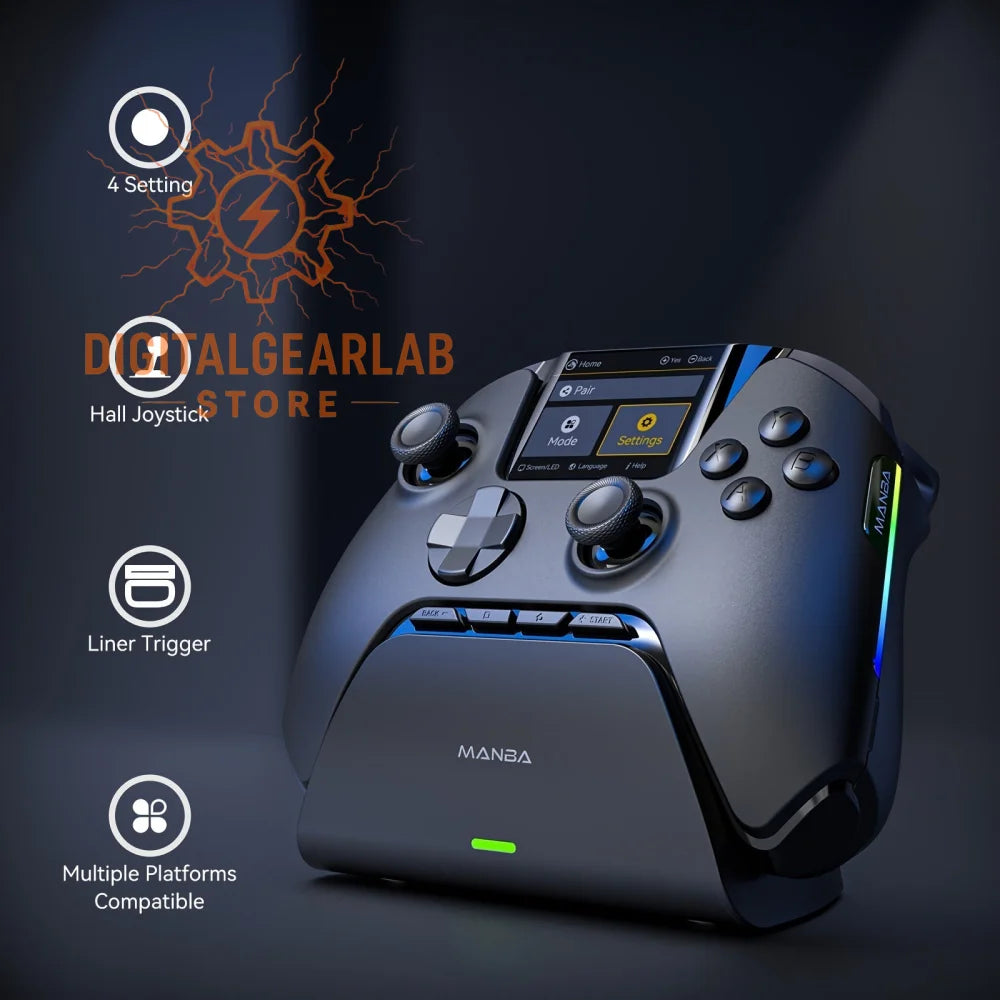 Black gaming controller with blue accents and rgb lighting, compatible across multiple platforms.