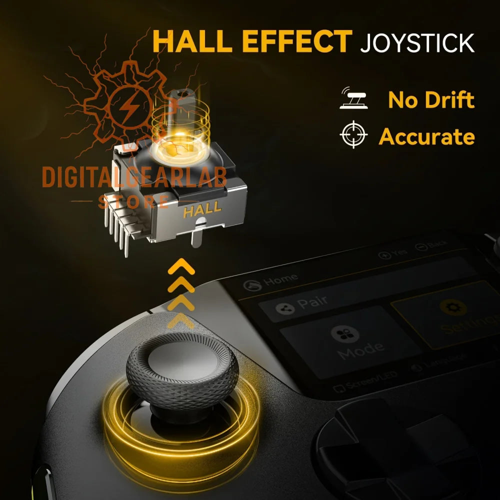 Gold hall effect joystick with black and silver accents, designed for precise control.