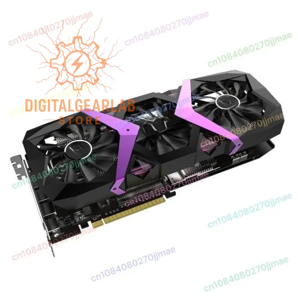 Black and purple graphics card with dual fans, metal frame.