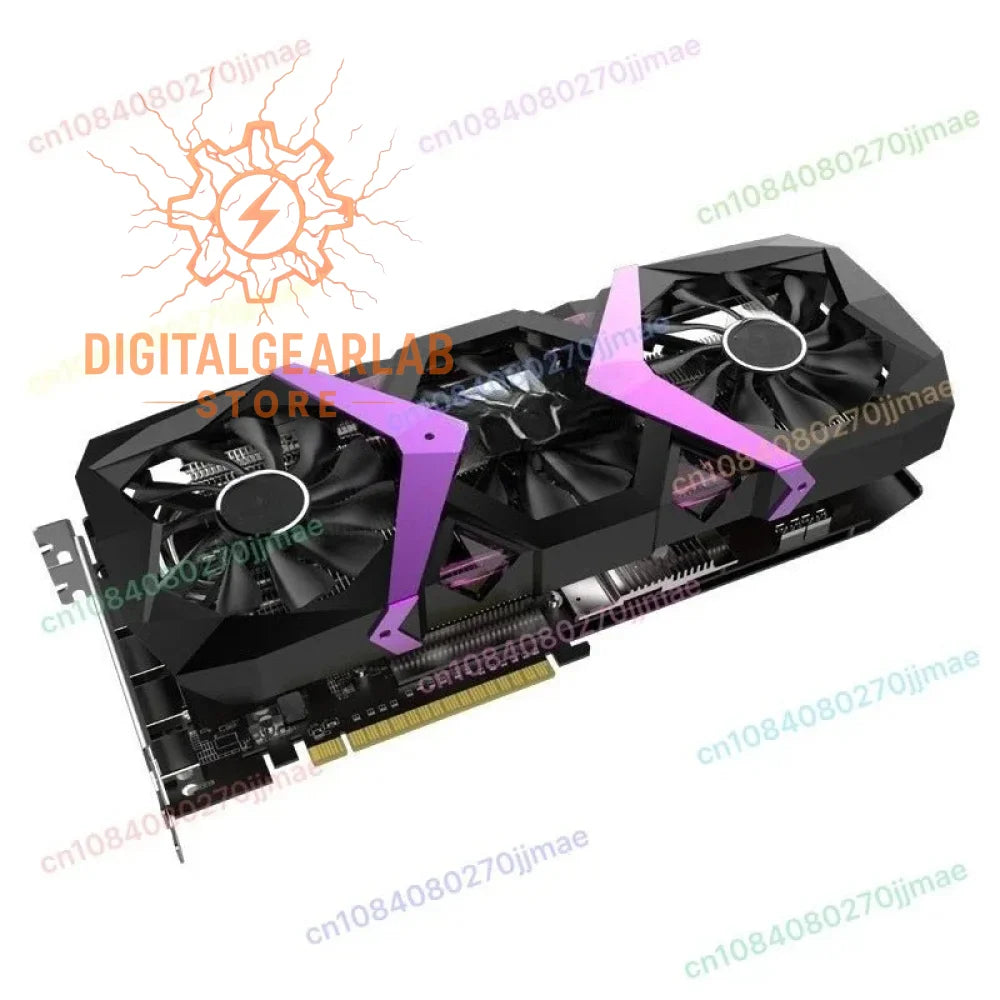 Black and purple graphics card with dual fans, likely from a gaming brand.