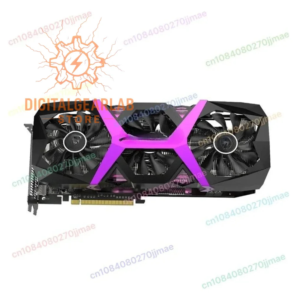 Black and purple gaming graphics card with three fans, metal frame, and pink accents.