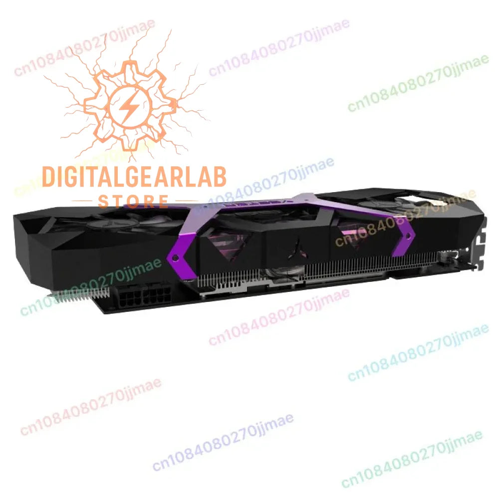 Purple and black gaming graphics card with dual fans, metal frame, and visible ports.