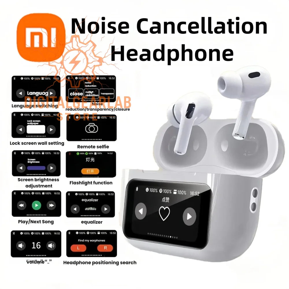 Xiaomi noise cancellation headphone with touch screen and white earbuds.