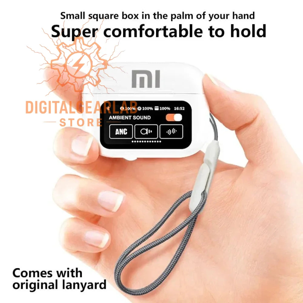 Xiaomi white earbuds case with lanyard.