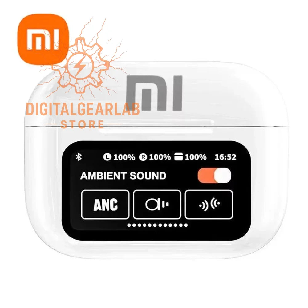 Xiaomi mi true wireless earbuds pro charging case with ambient sound control and 100% battery indicator.