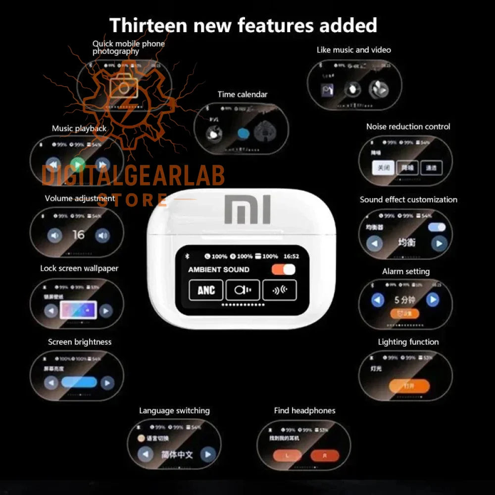 White xiaomi earbuds case with digital display and buttons.