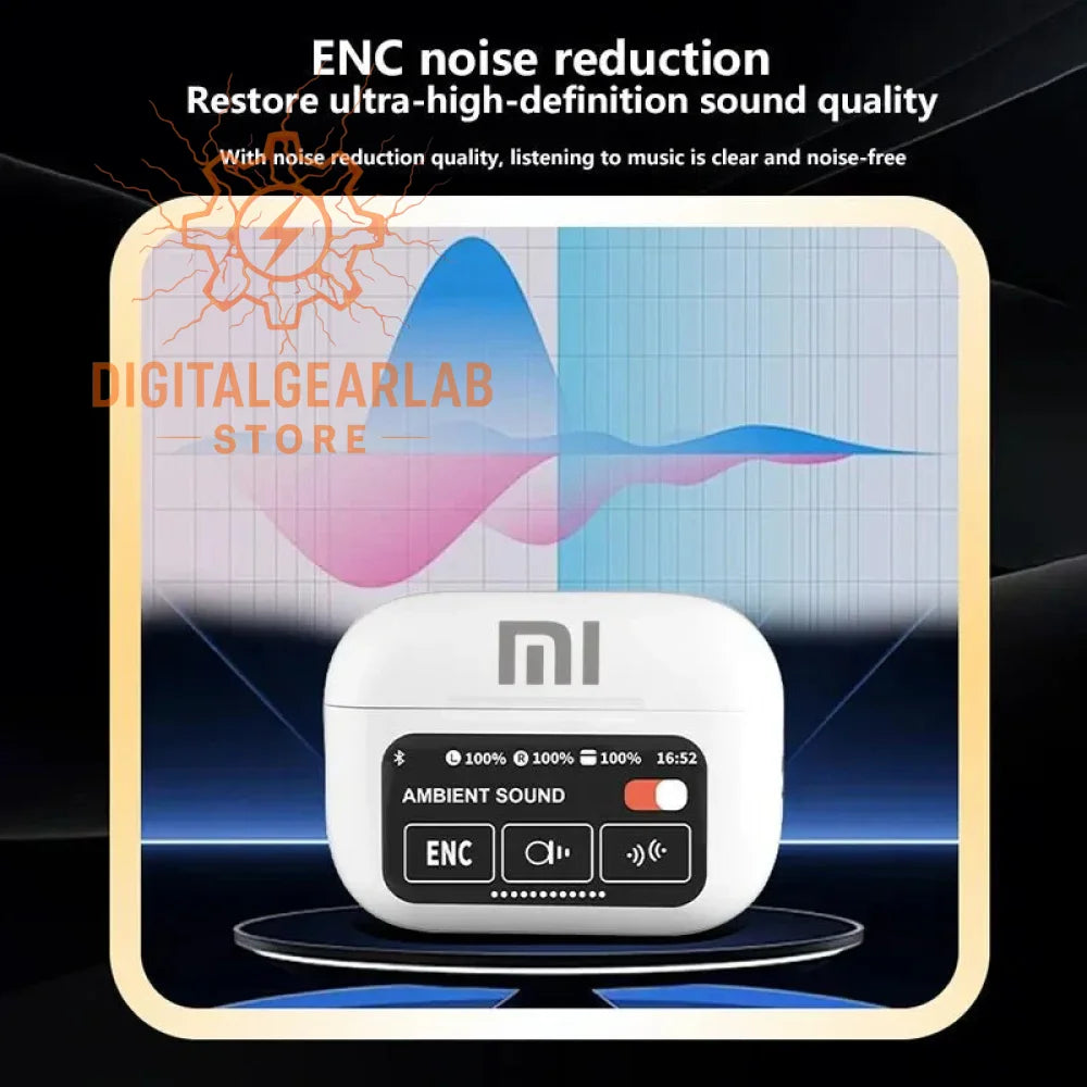 White xiaomi ambient sound noise reduction device with black buttons and screen, featuring enc technology.