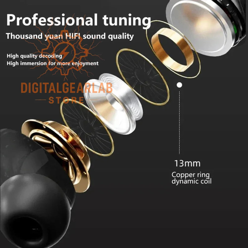 13mm copper ring dynamic coil earbuds with gold, silver and black accents.