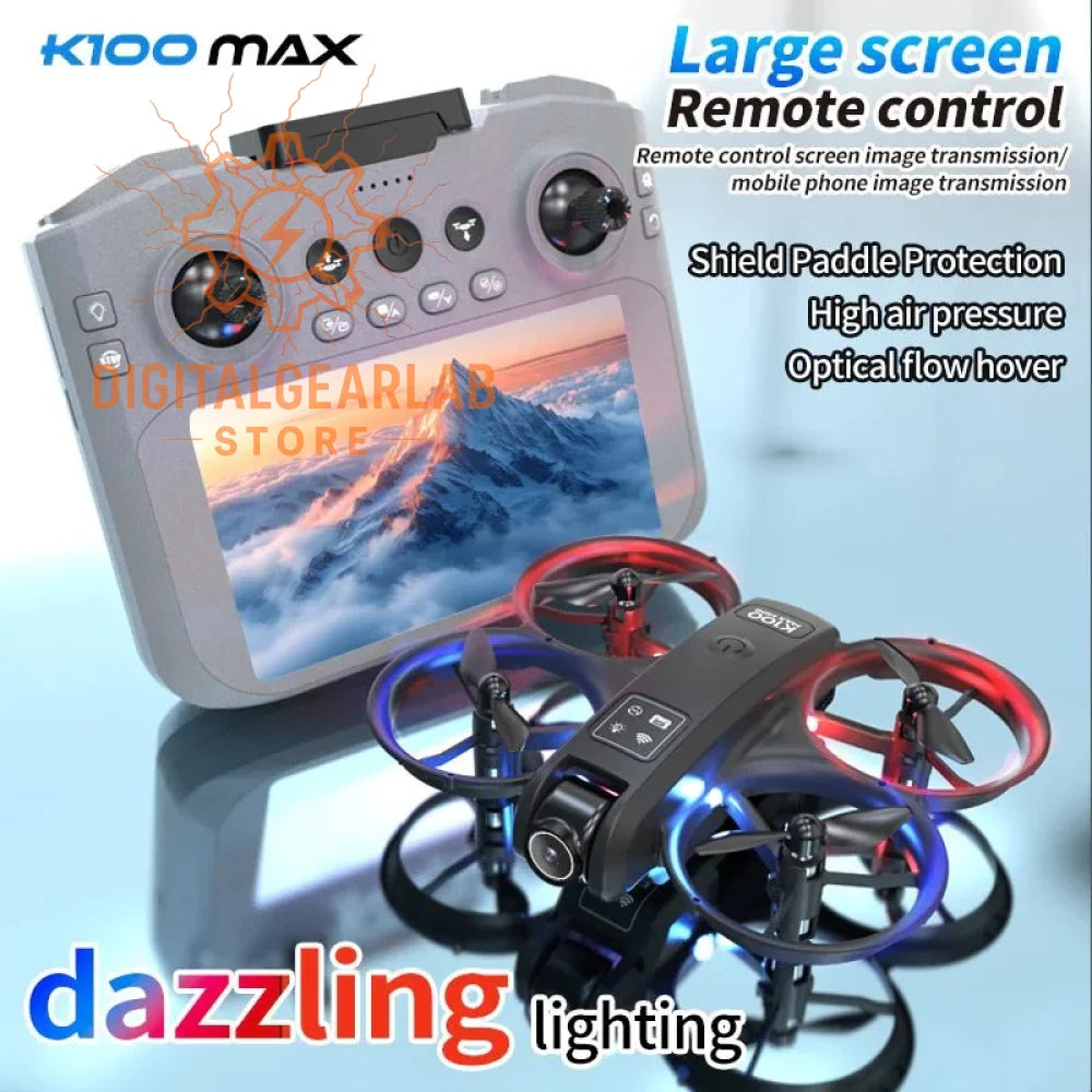 Black and red drone with blue lights, shield paddle protection, high air pressure, optical flow hover.