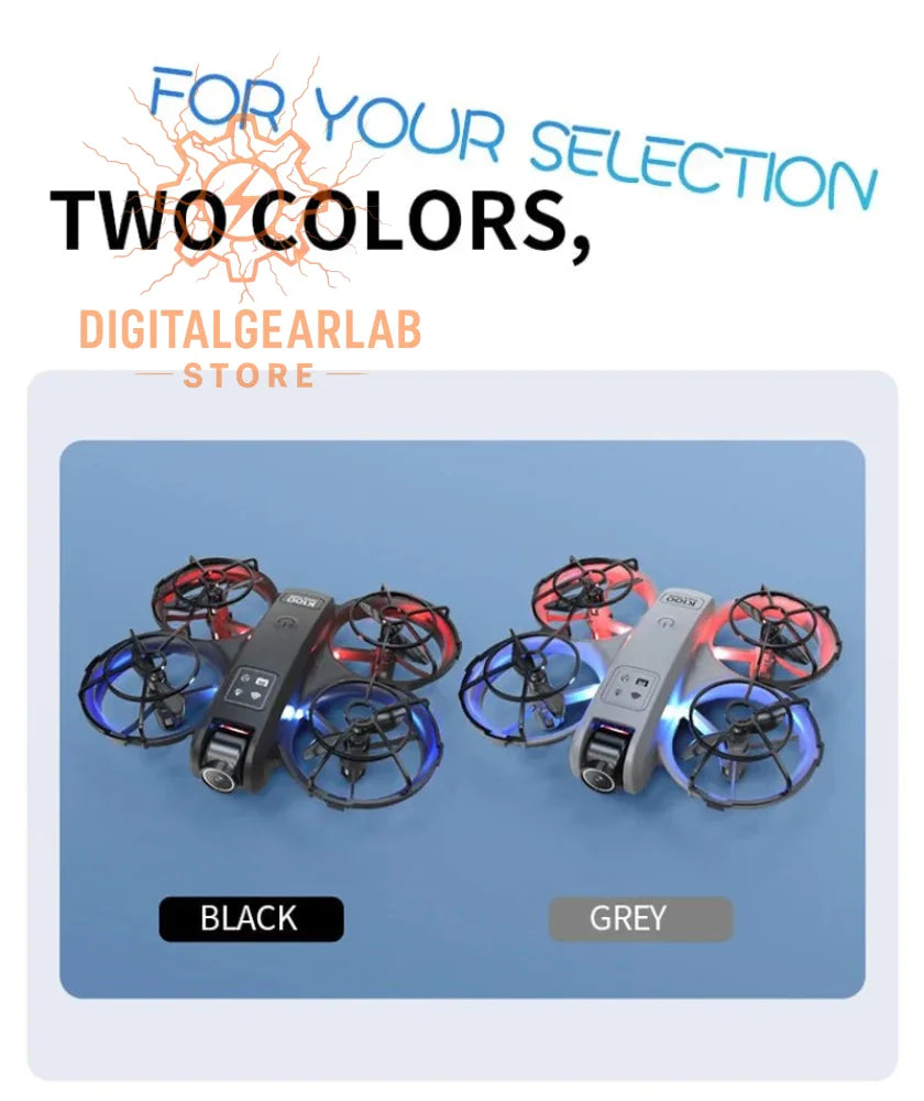 Black and grey quadcopter drone with red propellers, made of plastic.