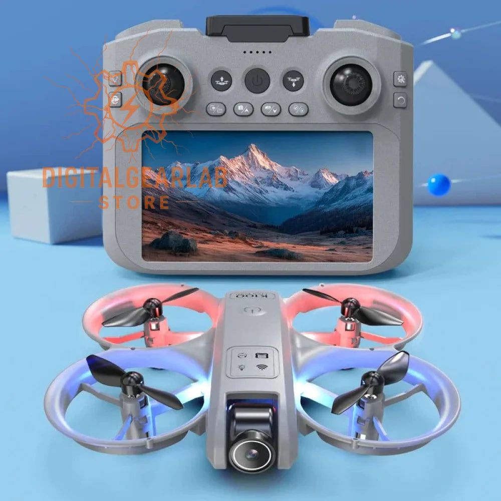 Grey and black drone with camera