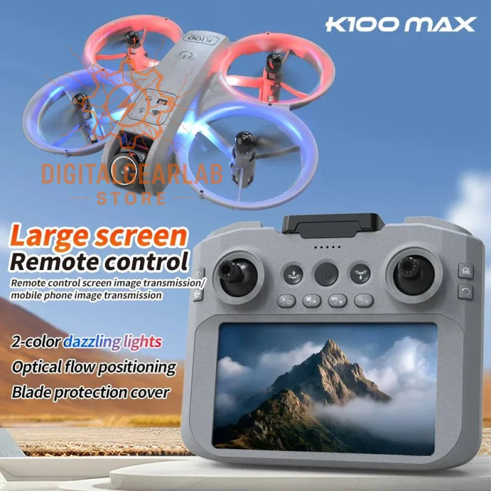 K100 max drone with large screen remote control, 2-color dazzling lights and blade protection cover.