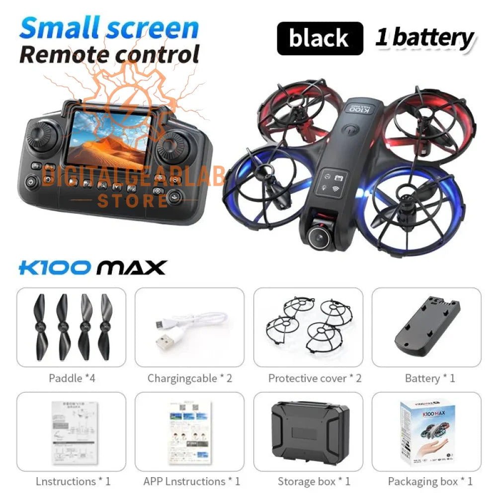 Black k100max drone with red and blue propellers, protective cover included.
