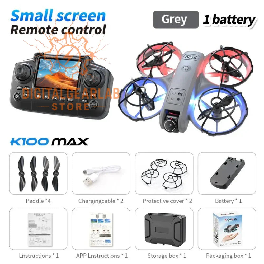 Grey k100max drone with blue led lights and protective cover, 4 paddles included.