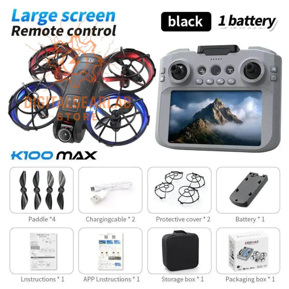 Black k100max drone with red and blue propellers, 4 paddles included.