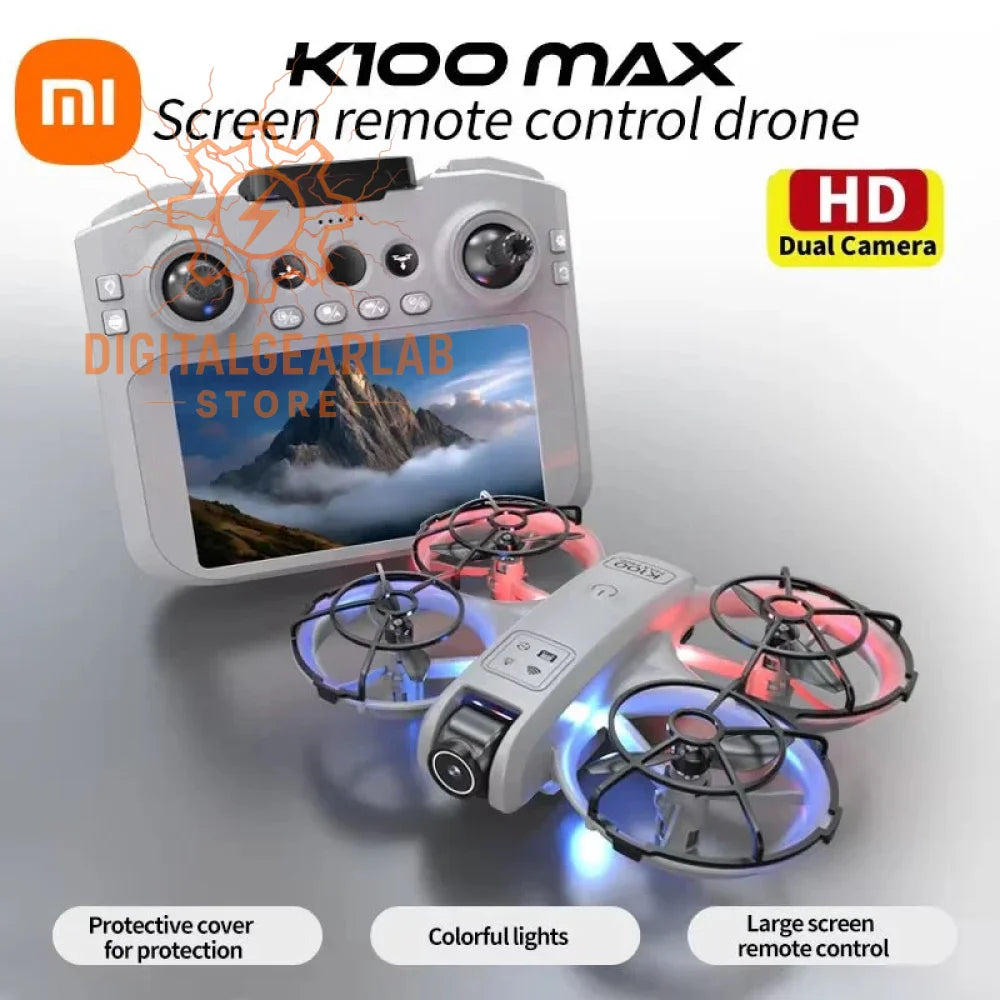 Xiaomi k100 max drone with colorful lights and protective cover.