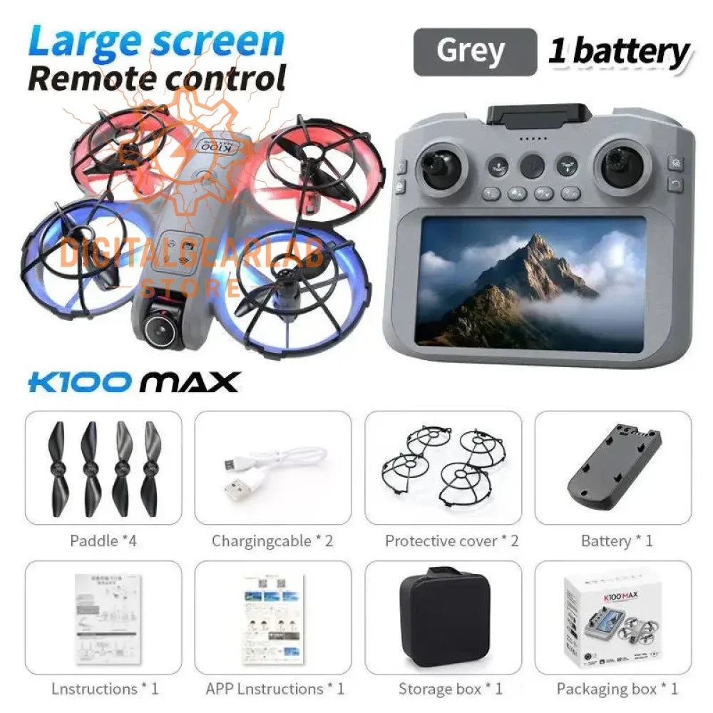 Grey drone with large screen remote control and 4 paddles, k100max model.
