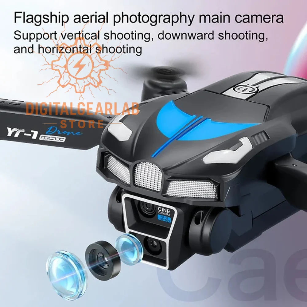 Black and blue drone with a prominent camera lens
