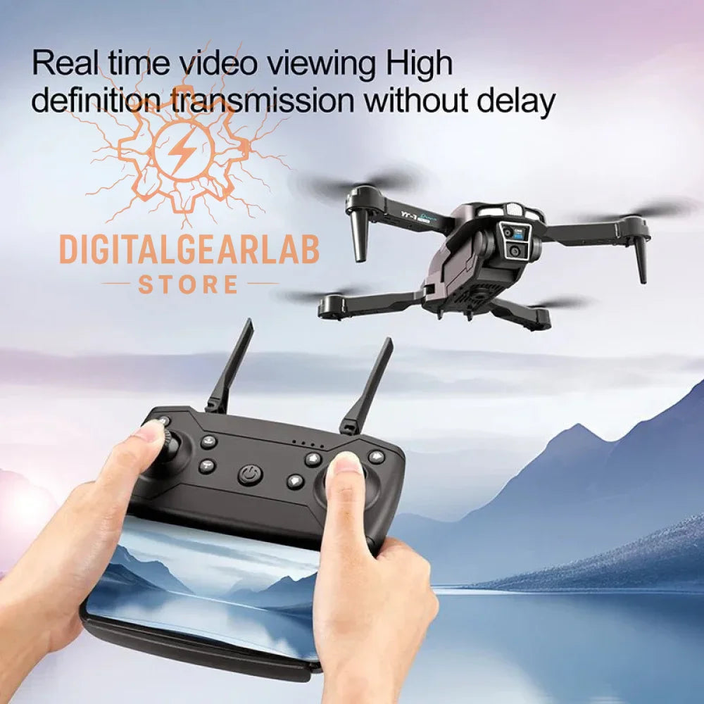 Black drone with remote control and smartphone interface for real-time video viewing.