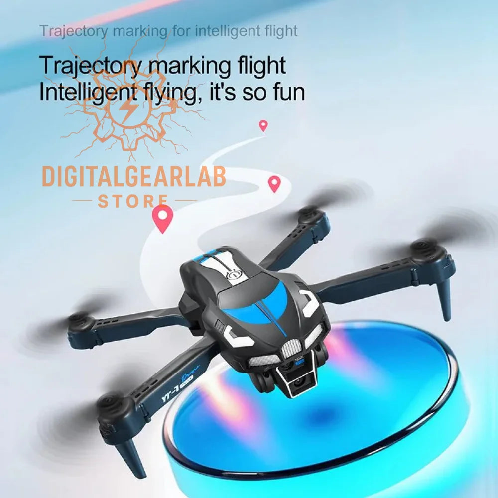 Black and gray drone with propellers, camera lens, and landing gear