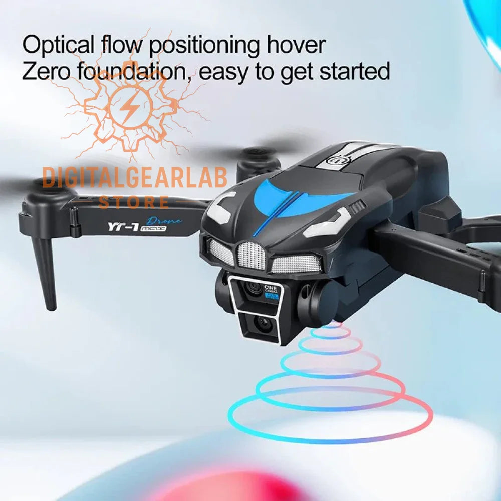Black and blue drone with optical flow positioning hover technology.