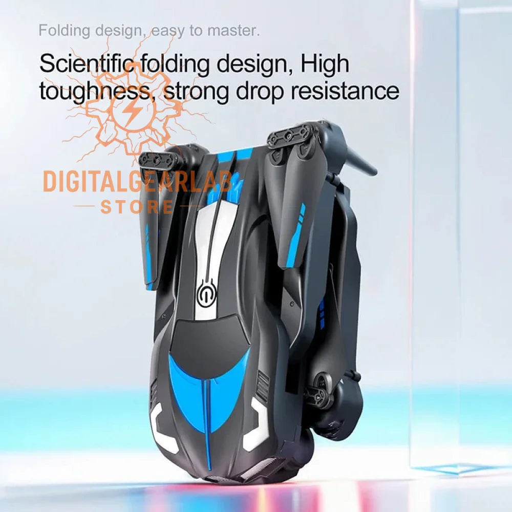 Blue and black folding drone with durable plastic body, high drop resistance design.